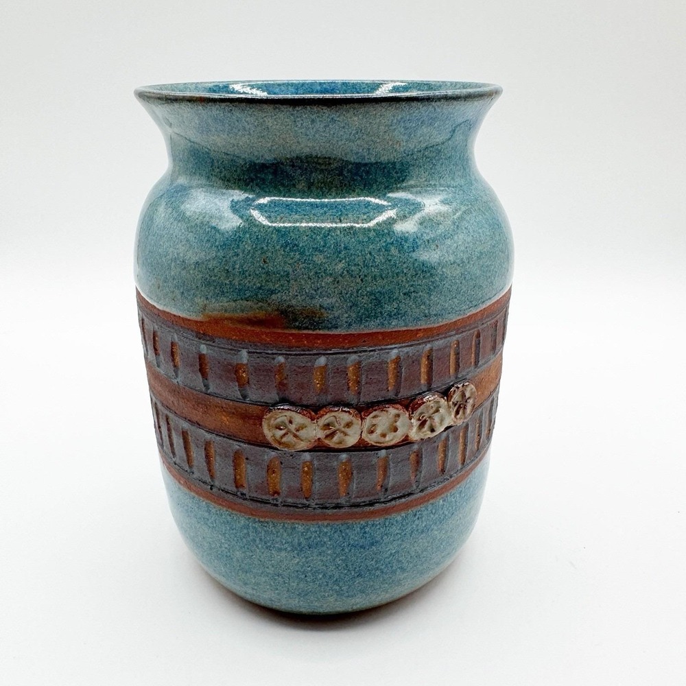 Vtg Ed Schrock Studio Pottery Crock Vessel Psalms 96:1 Signed  Blue Glaze 6.5"